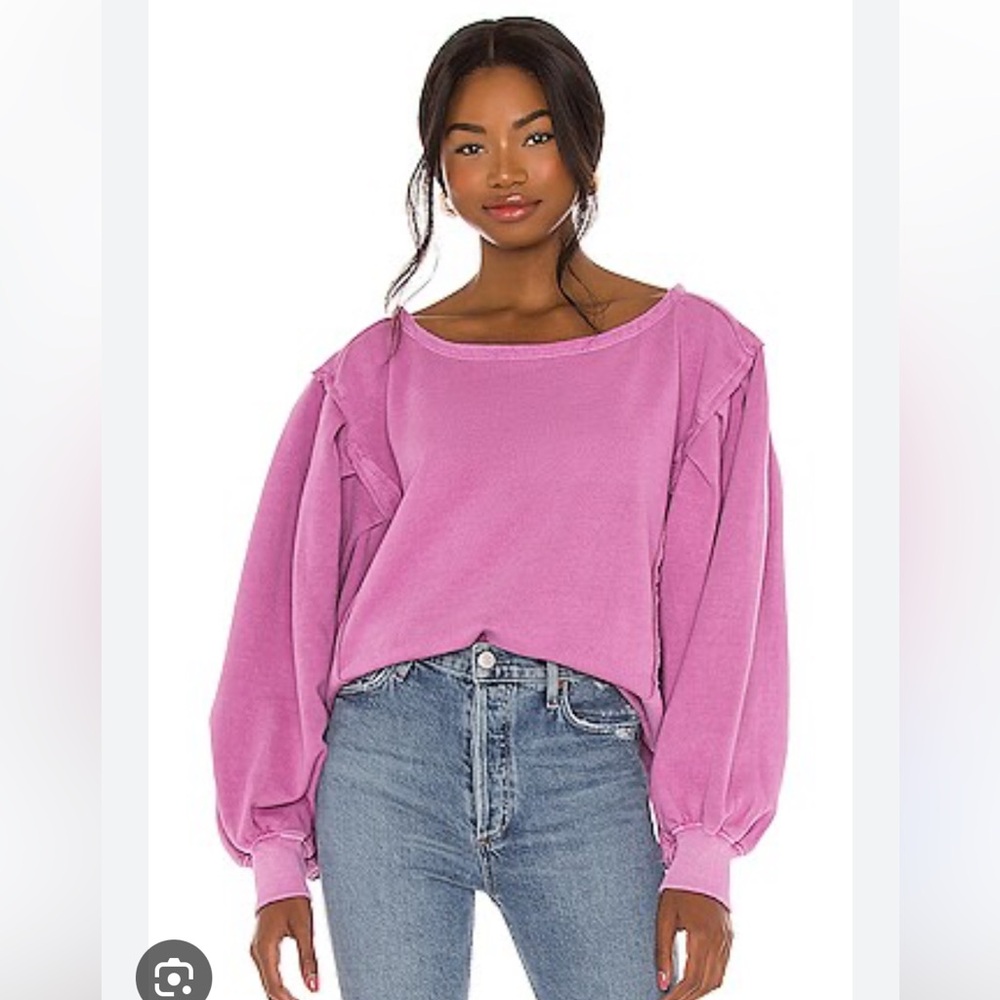 Free People “Rosey” Sweatshirt Top with Bishop Sleeves and Boxy Style, Large.